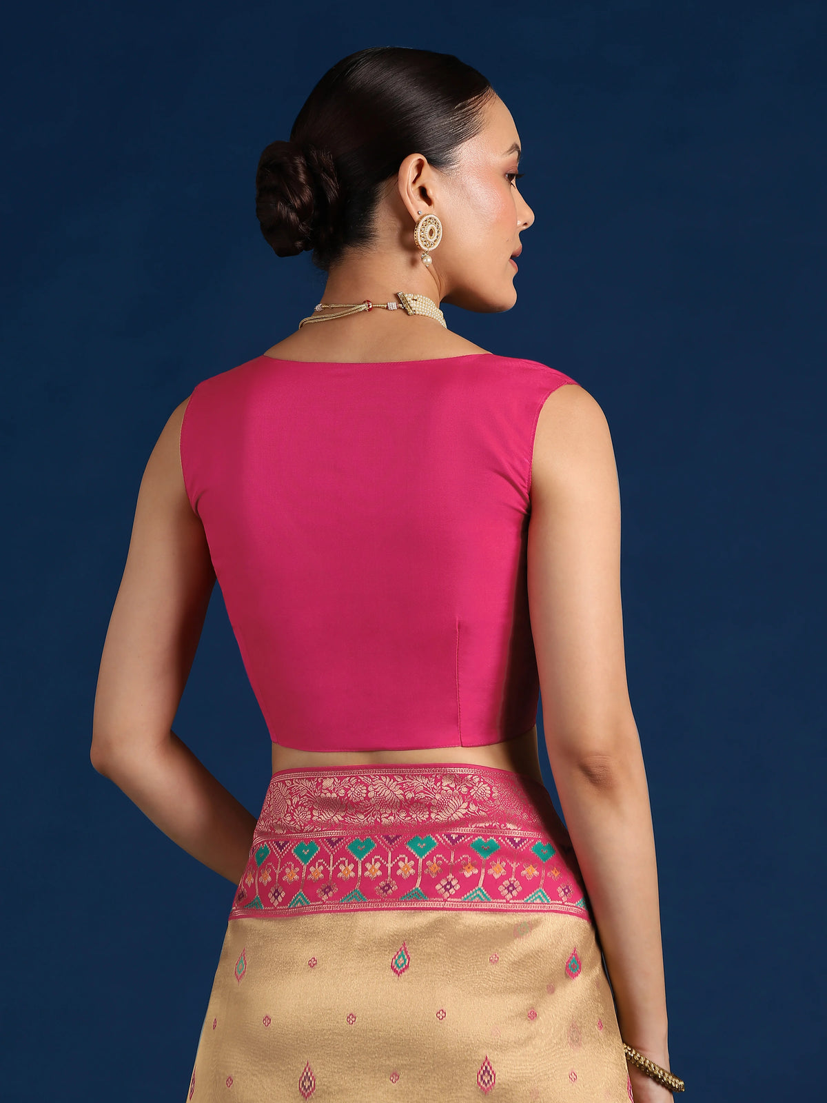 Rani Pink Silk Blend Saree with Zari Weave Pallu, blouse back