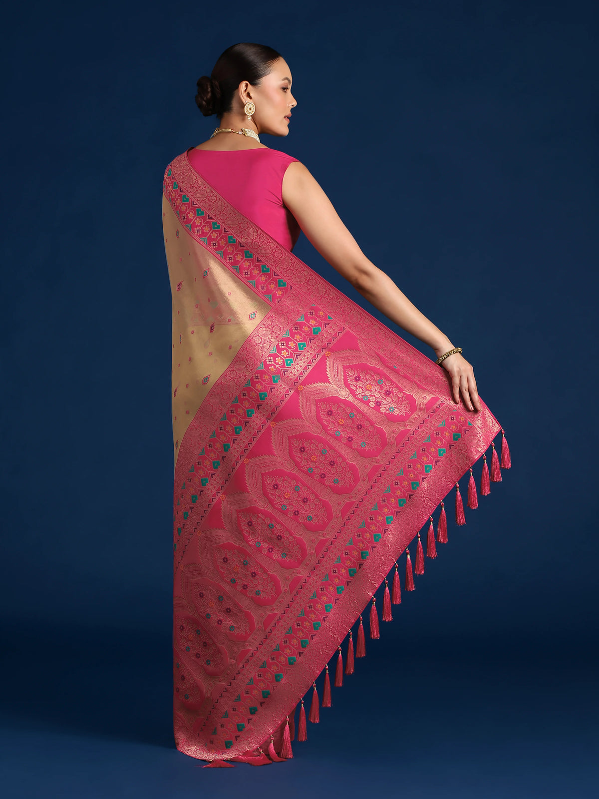 Rani Pink Silk Blend Saree with Zari Weave Pallu, back with pallu