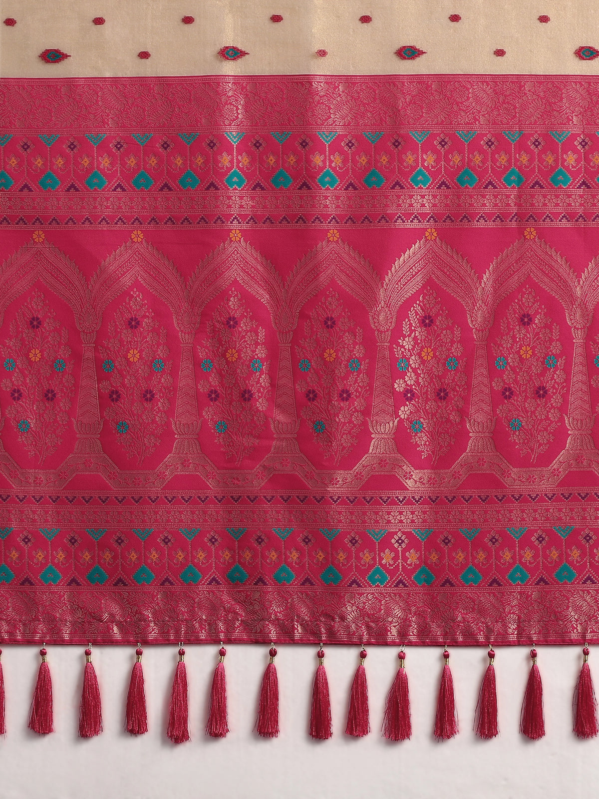 Rani Pink Silk Blend Saree with Zari Weave Pallu, pallu close-up