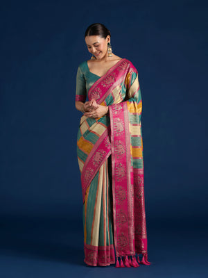 Multicolor Silk Blend Saree with Elephant Motif Pallu