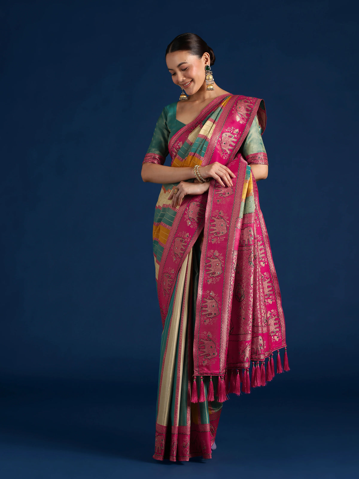 Multicolor Silk Blend Saree with Elephant Motif Pallu, styled on model