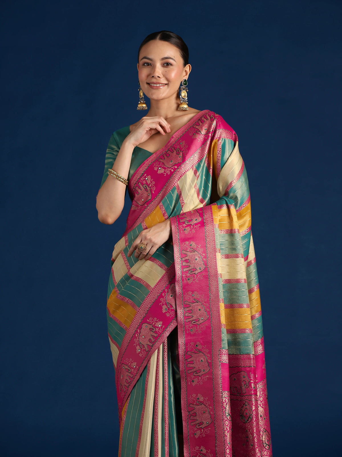 Multicolor Silk Blend Saree with Elephant Motif Pallu, drape detail