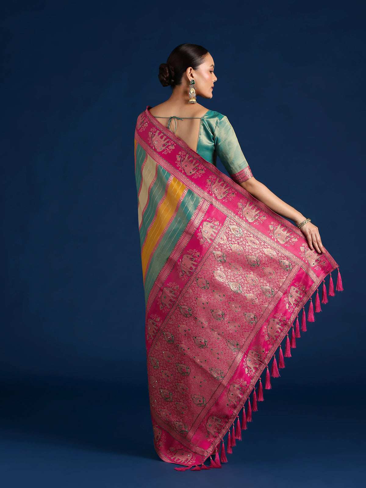 Multicolor Silk Blend Saree with Elephant Motif Pallu, back with pallu