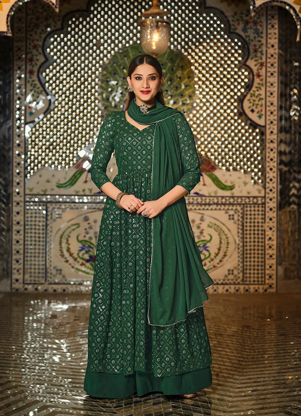 Dark Green Georgette Anarkali with Lehenga Skirt, front