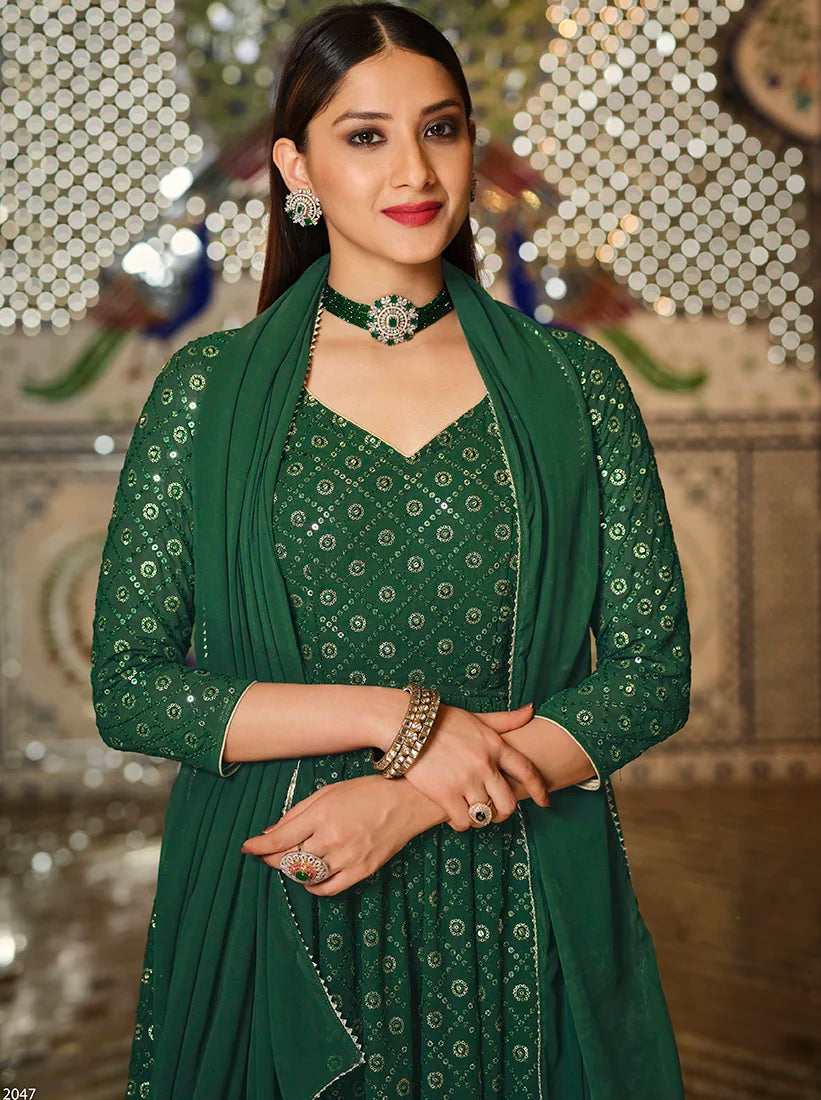 Dark Green Georgette Anarkali with Lehenga Skirt, dupatta close-up