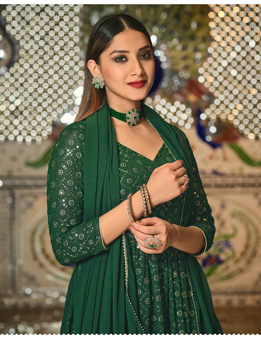 Dark Green Georgette Anarkali with Lehenga Skirt, bodice close-up