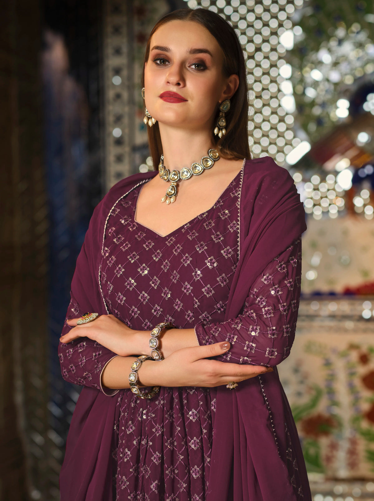 Purple Georgette Anarkali with Lehenga Skirt, dupatta close-up