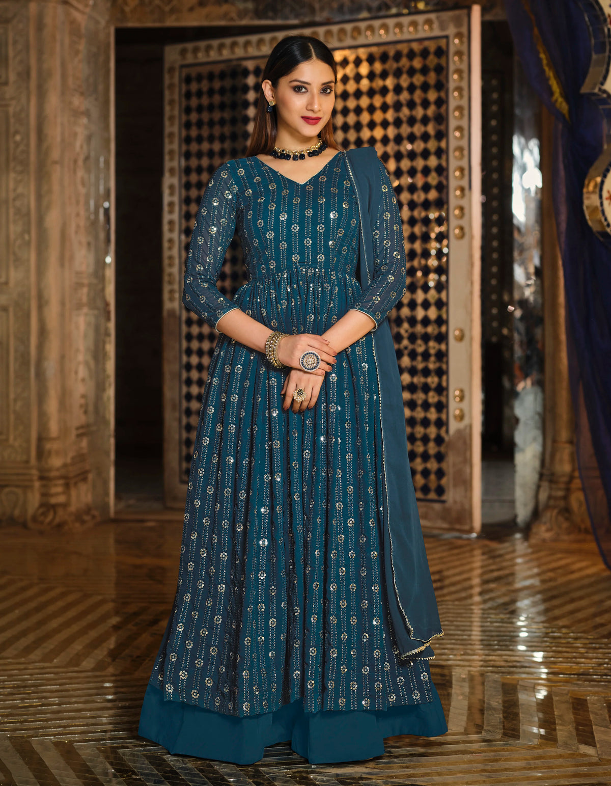 Teal Blue Georgette Anarkali with Lehenga Skirt, front