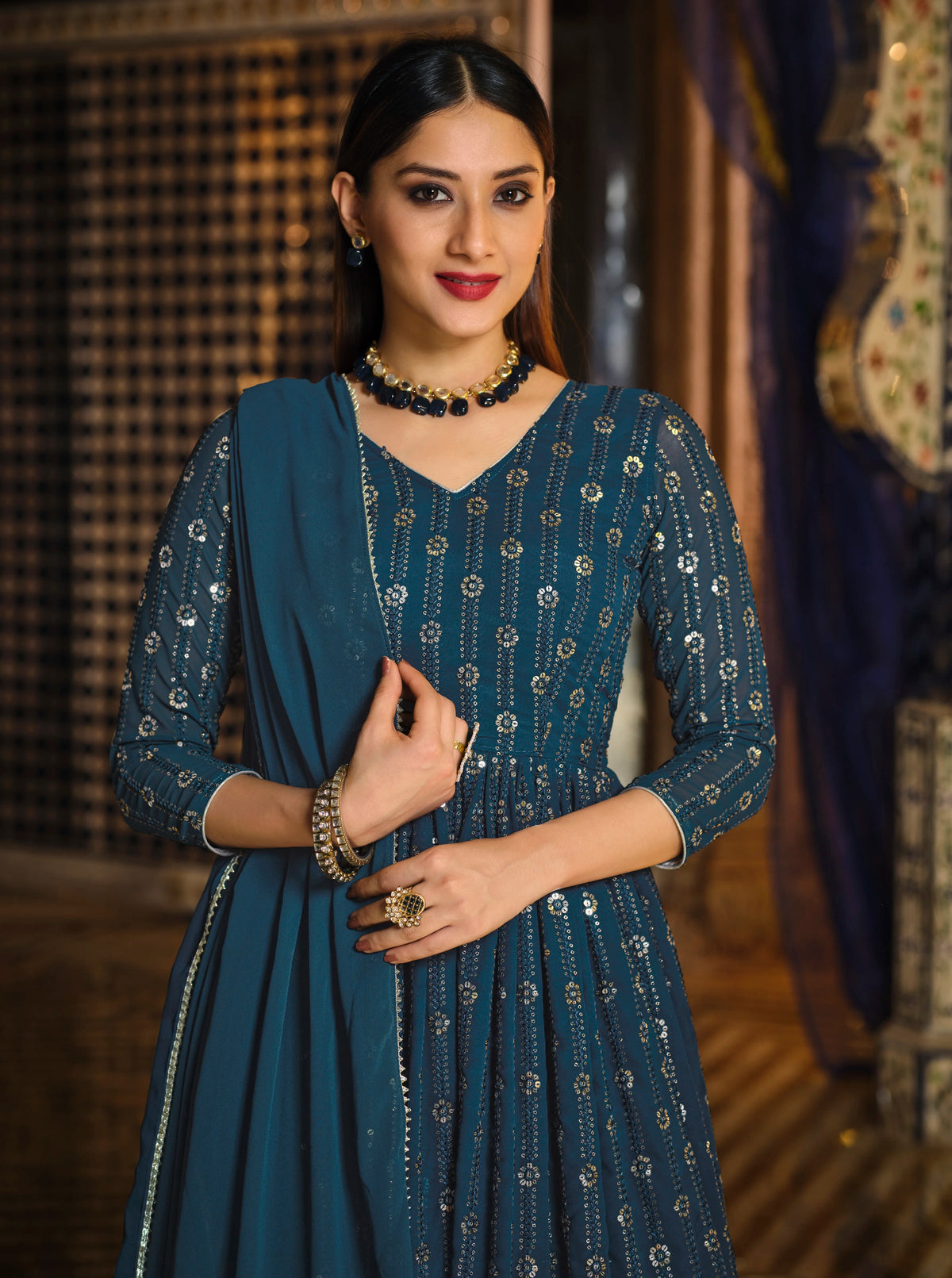 Teal Blue Georgette Anarkali with Lehenga Skirt, bodice close-up