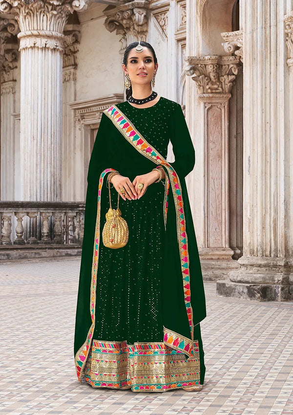 Dark Green Georgette Anarkali with Multicolor Border, front