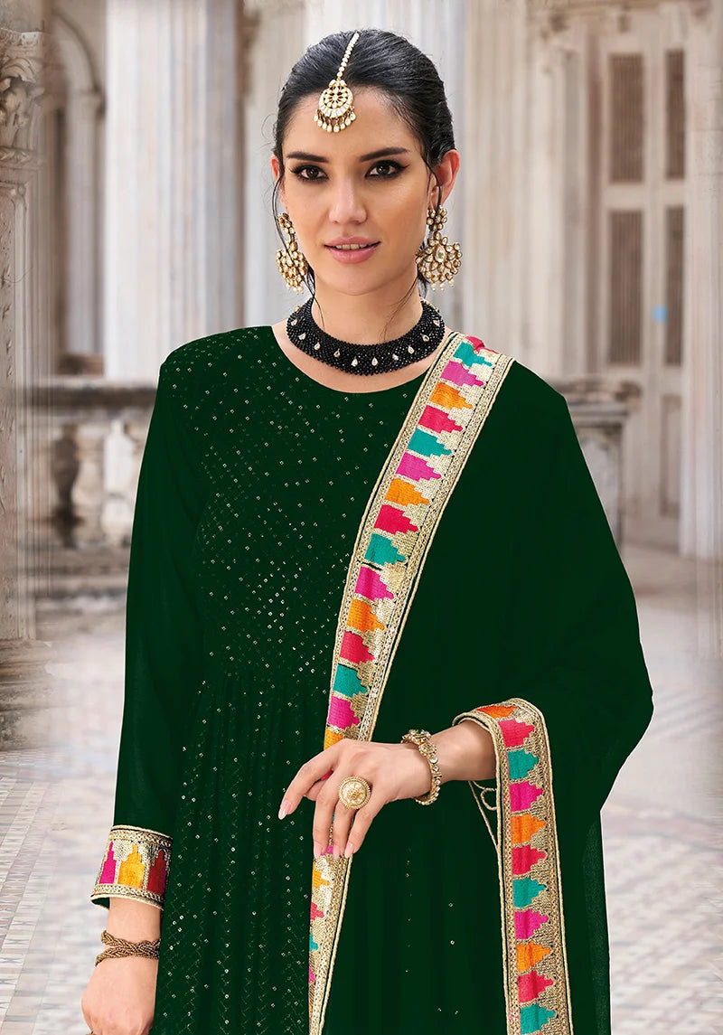 Dark Green Georgette Anarkali with Multicolor Border, neckline close-up
