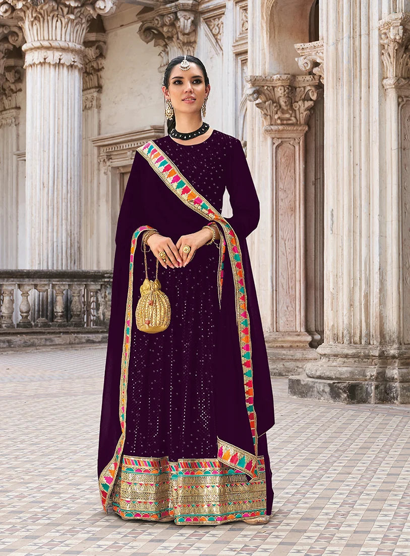 Dark Purple Georgette Anarkali with Multicolor Border, front