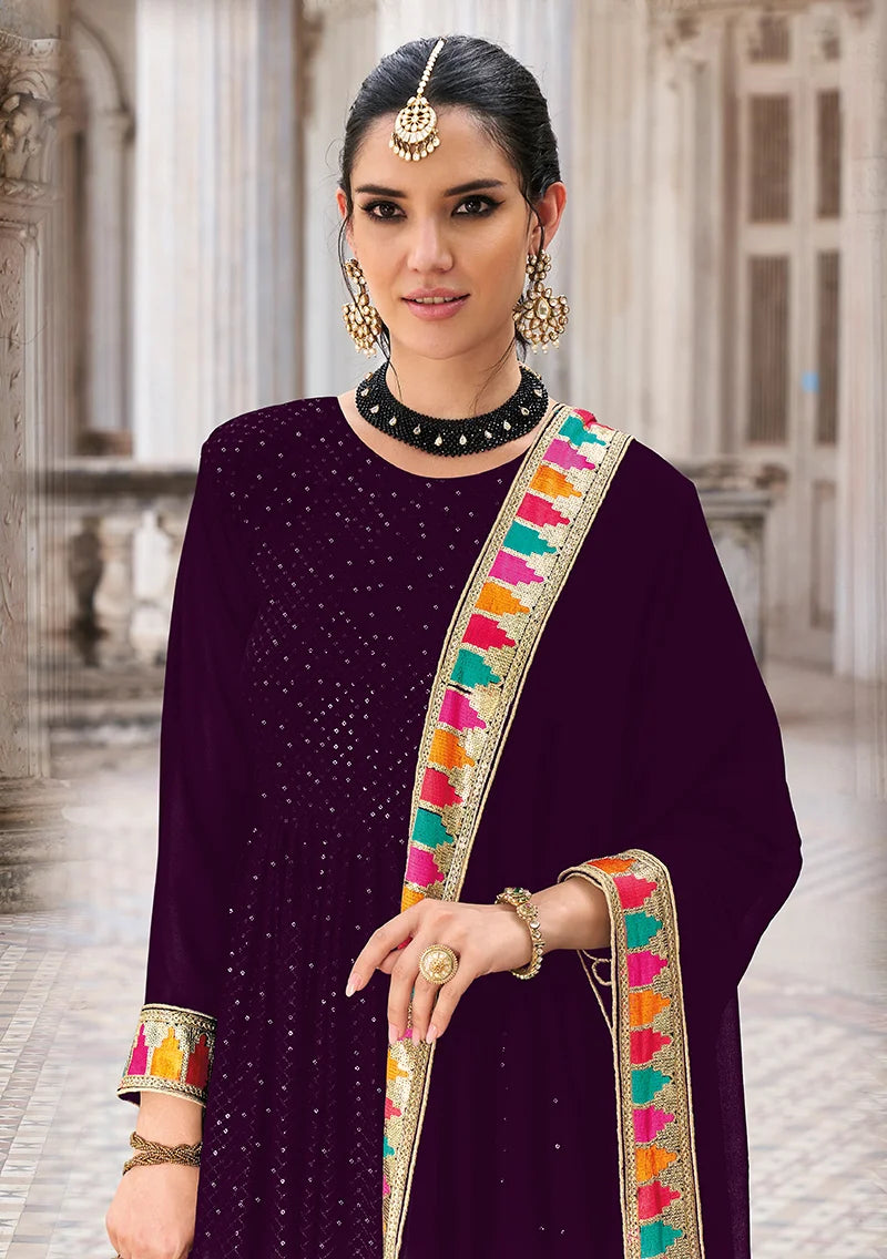 Dark Purple Georgette Anarkali with Multicolor Border, neckline close-up