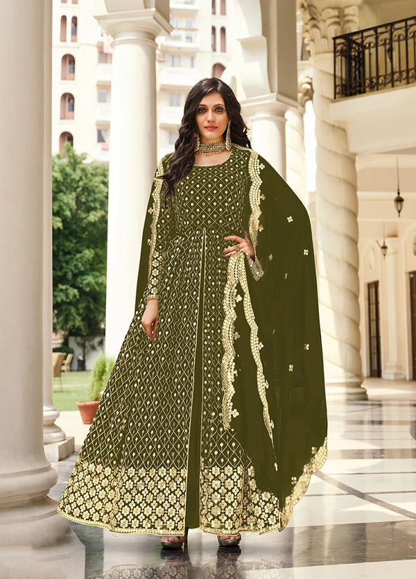 Mehendi Green Georgette Anarkali with Sequin Lattice, front