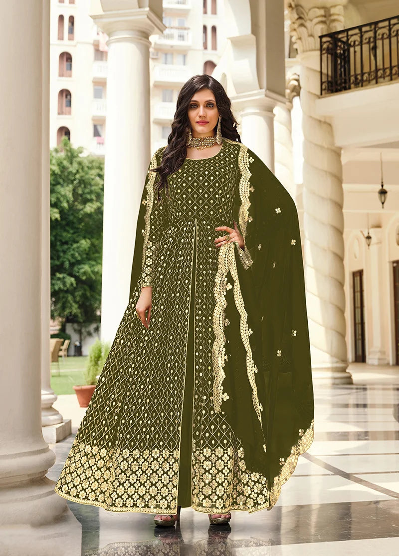 Mehendi Green Georgette Anarkali with Sequin Lattice, front