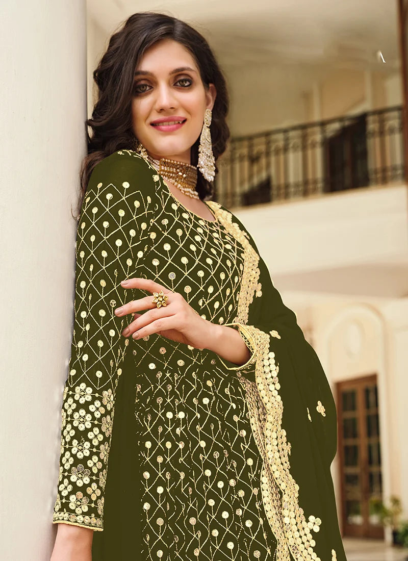 Mehendi Green Georgette Anarkali with Sequin Lattice, neckline close-up