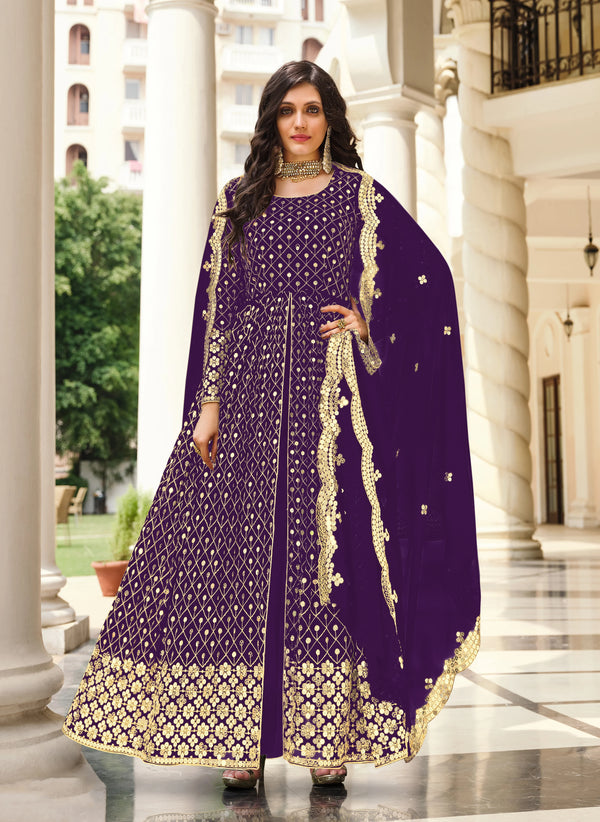 Purple Georgette Anarkali with Sequin Lattice, front