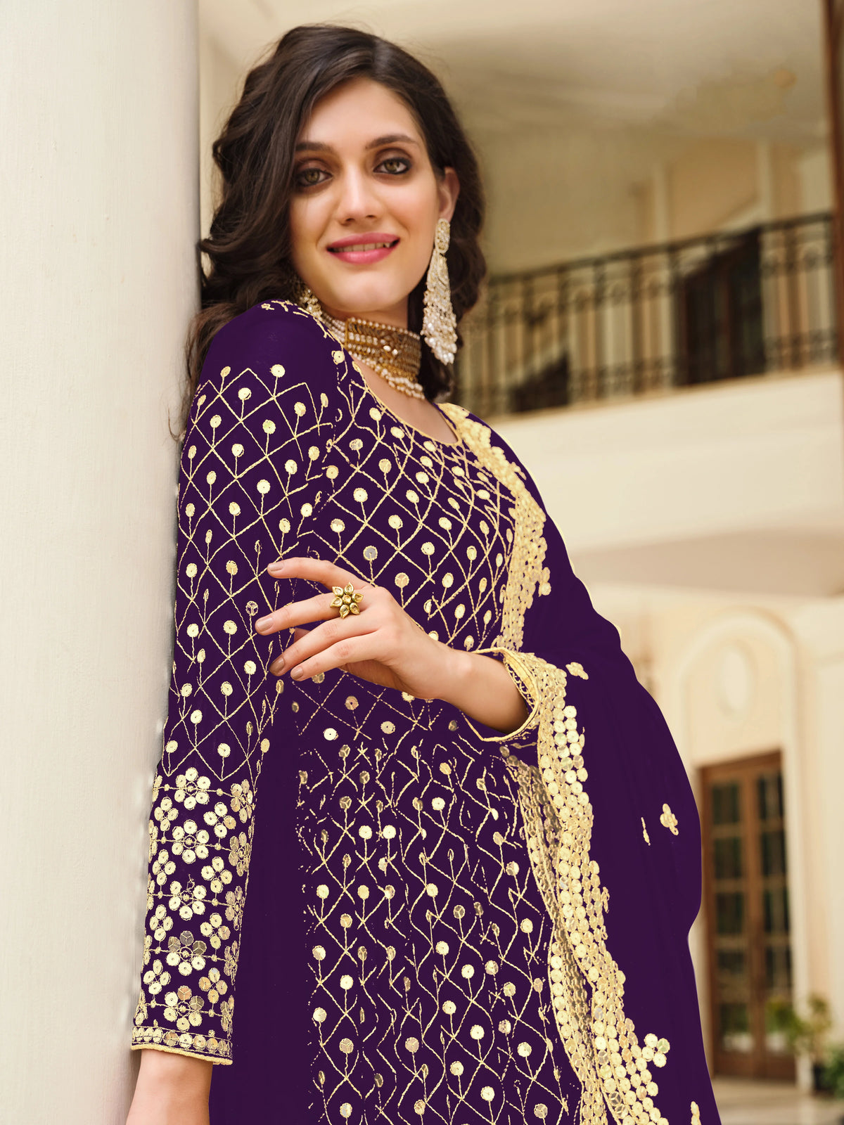 Purple Georgette Anarkali with Sequin Lattice, bodice close-up
