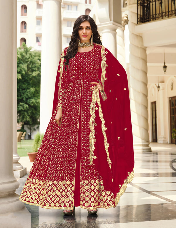 Red Georgette Anarkali with Sequin Lattice, front