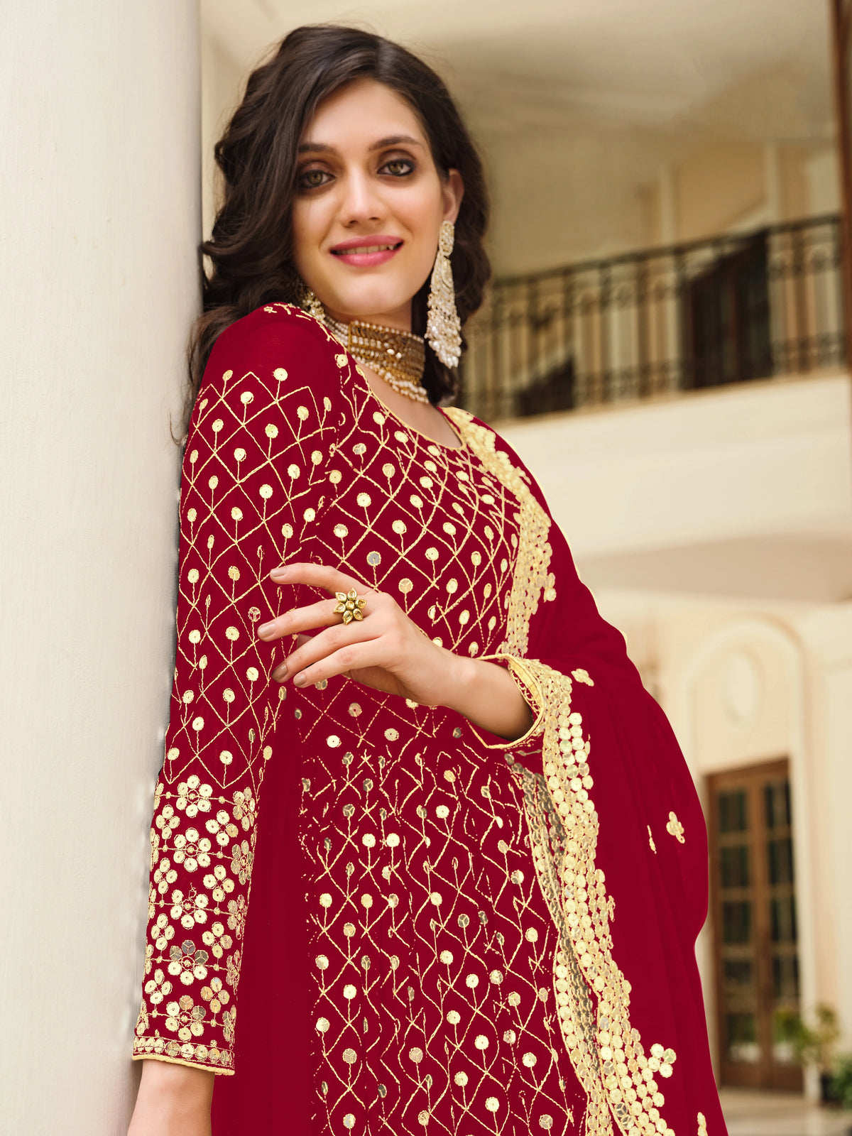 Red Georgette Anarkali with Sequin Lattice, bodice close-up
