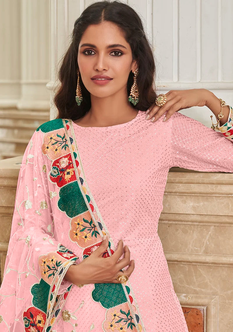 Light Pink Georgette Straight Suit with Churidar, neckline close-up