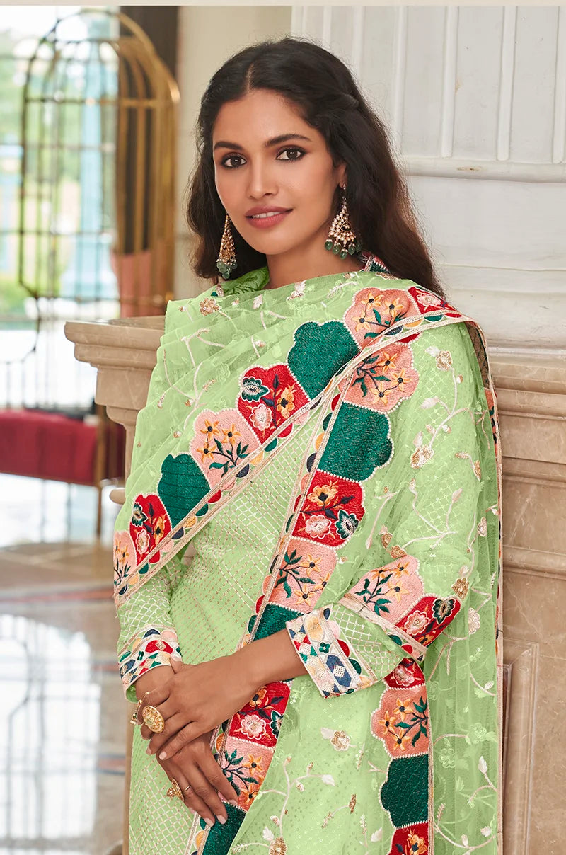 Light Green Georgette Straight Suit with Churidar, neckline close-up