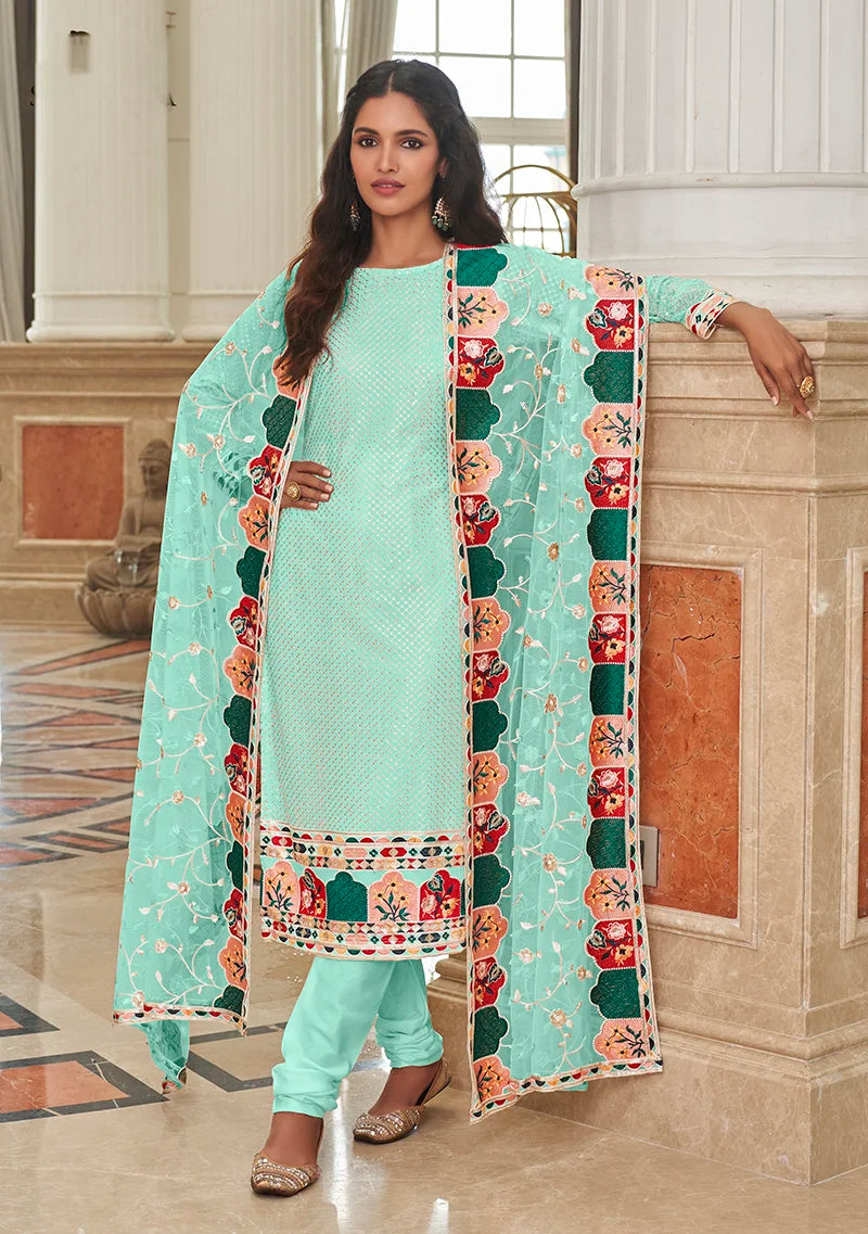 Sky Blue Georgette Straight Suit with Churidar, front