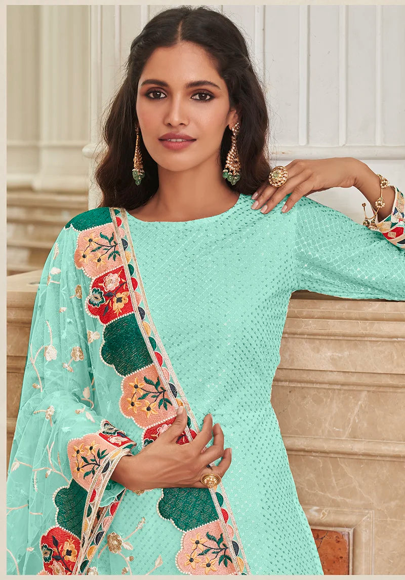 Sky Blue Georgette Straight Suit with Churidar, neckline close-up