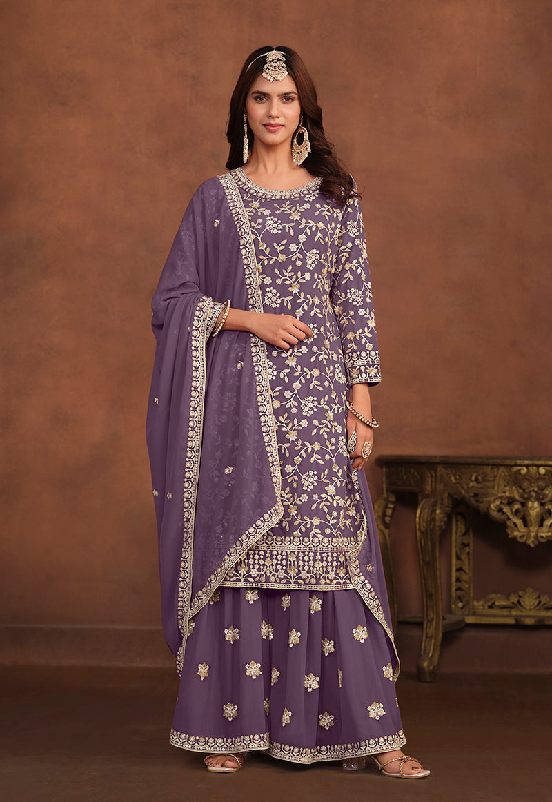Dark Violet Faux Georgette Embelished Salwar Kameez - Monjolika Fashion