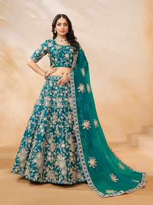 Turquoise Art Silk Floral Lehenga Choli