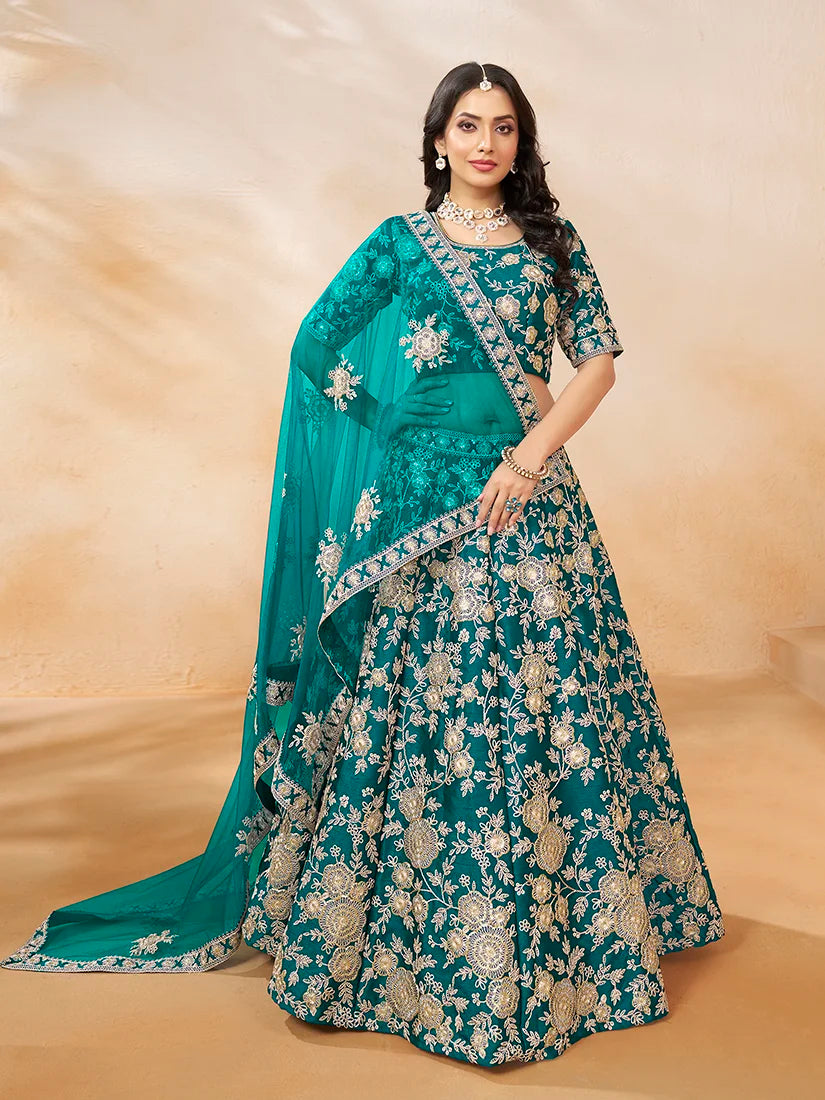 Turquoise Art Silk Floral Lehenga Choli, styled on model