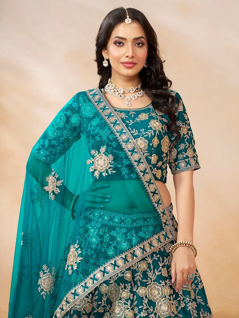 Turquoise Art Silk Floral Lehenga Choli, choli and dupatta detail