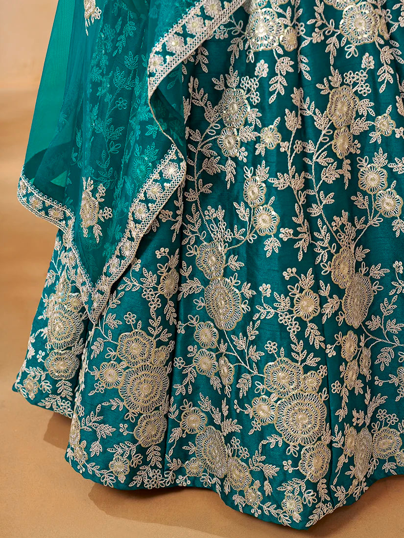 Turquoise Art Silk Floral Lehenga Choli, embroidery close-up