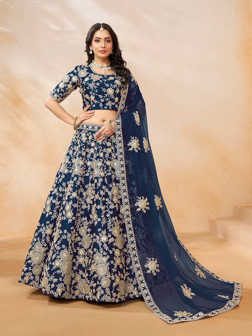 Navy Blue Art Silk Floral Lehenga Choli, front