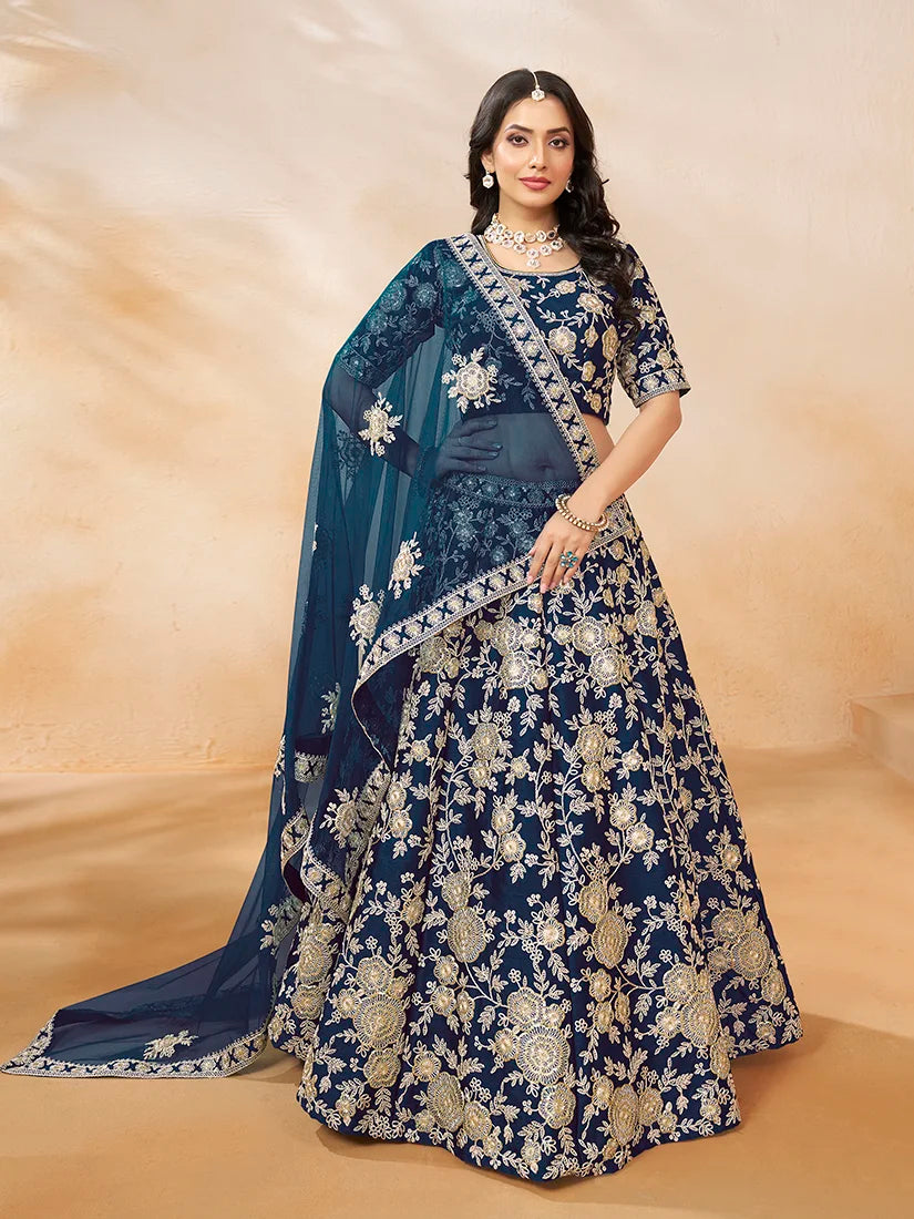 Navy Blue Art Silk Floral Lehenga Choli, styled on model