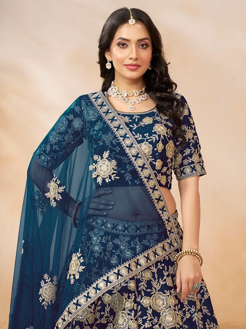 Navy Blue Art Silk Floral Lehenga Choli, choli and dupatta detail