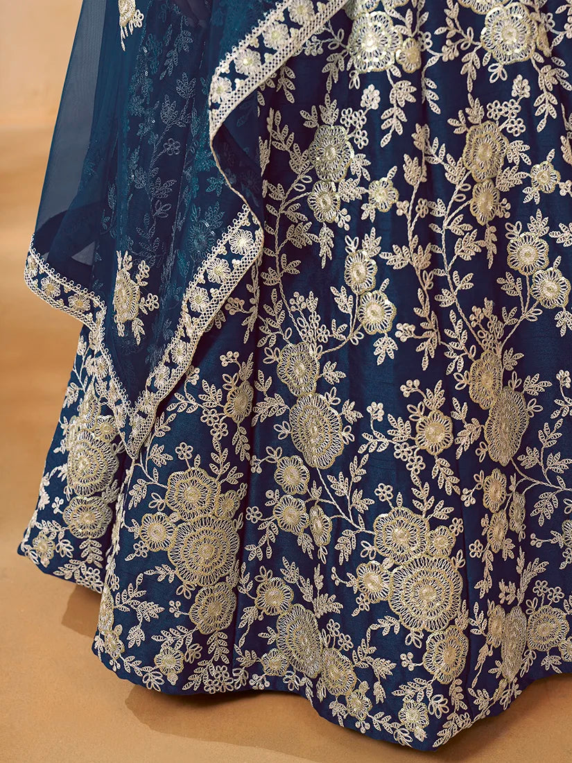 Navy Blue Art Silk Floral Lehenga Choli, embroidery close-up