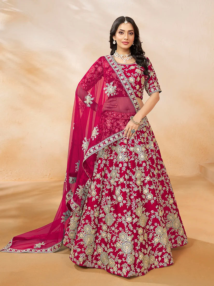 Rani Pink Art Silk Floral Lehenga Choli, styled on model