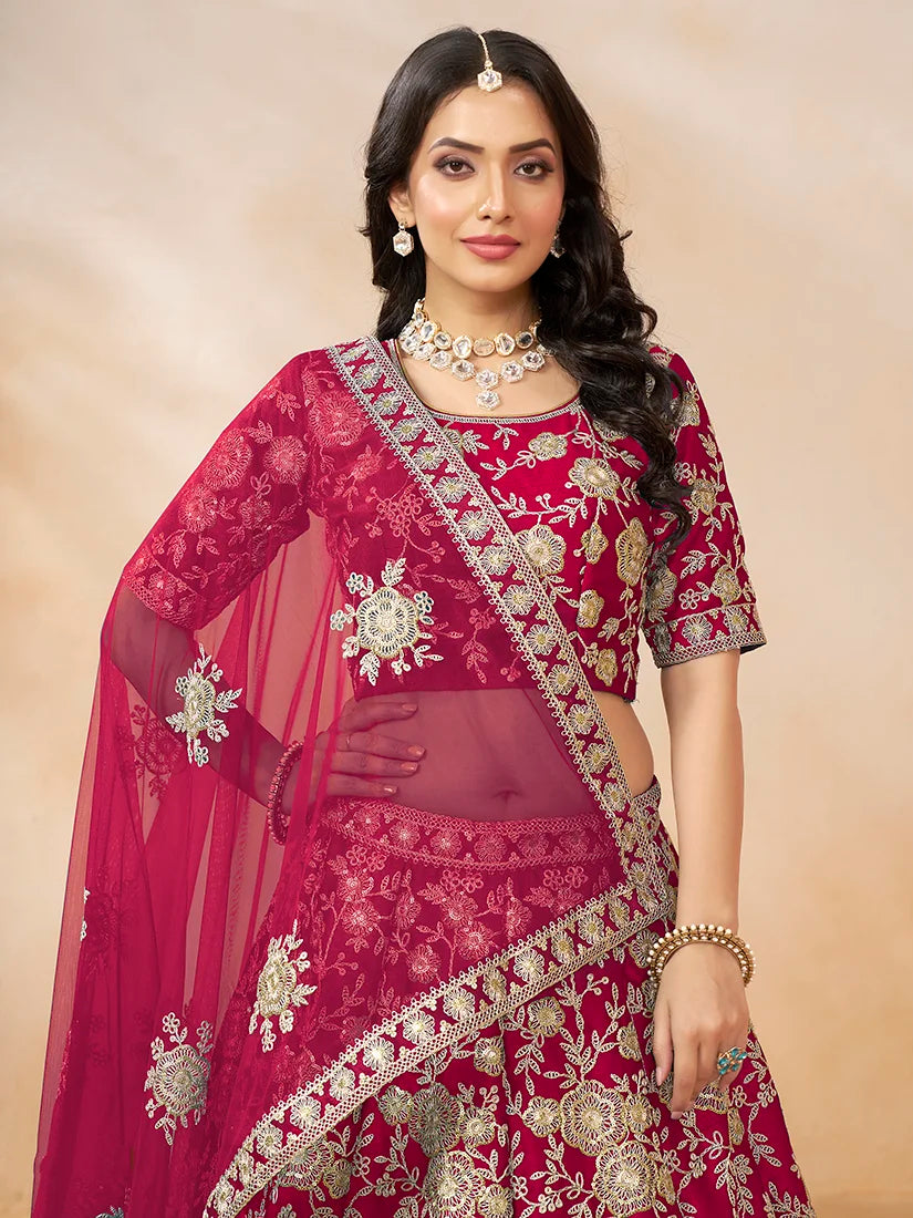 Rani Pink Art Silk Floral Lehenga Choli, choli and dupatta detail
