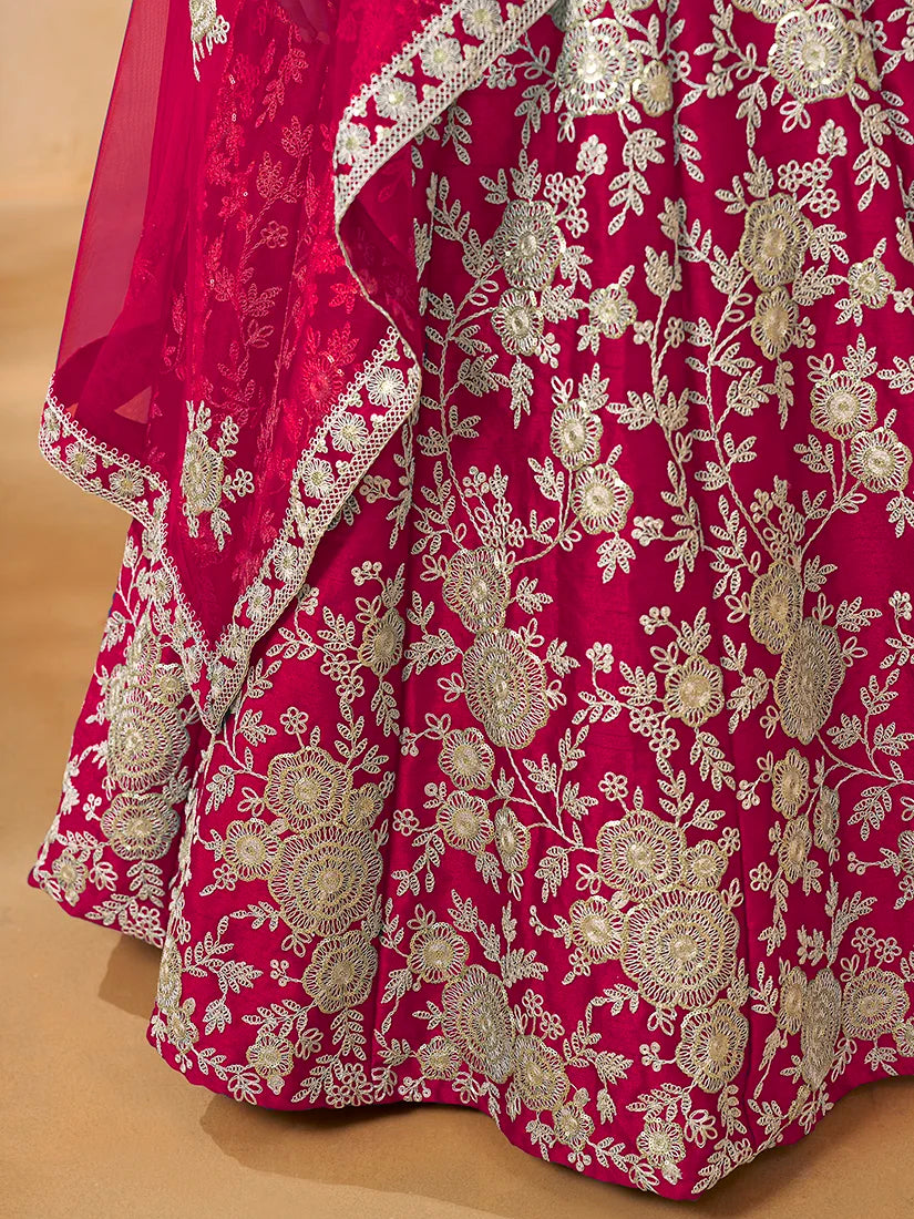 Rani Pink Art Silk Floral Lehenga Choli, embroidery close-up
