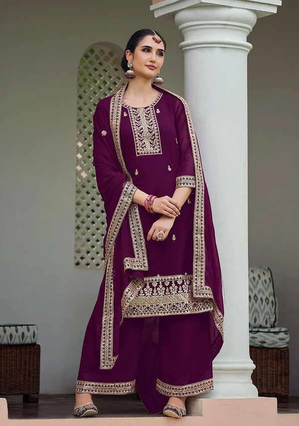 Wine Georgette Palazzo Set with Embroidered Hem, front