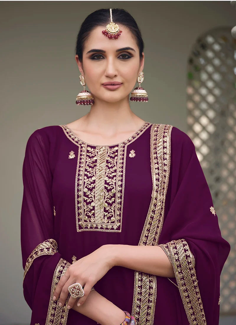 Wine Georgette Palazzo Set with Embroidered Hem, neckline close-up
