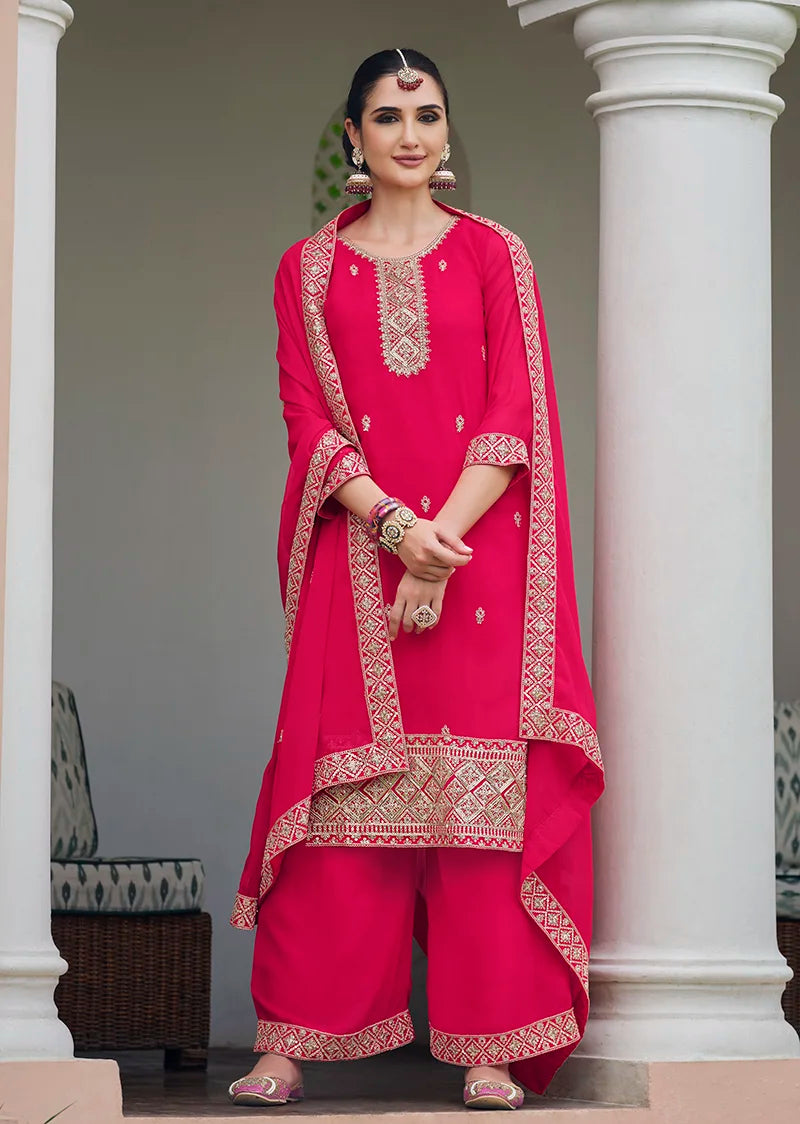 Rani Pink Georgette Palazzo Set with Embroidered Hem, front