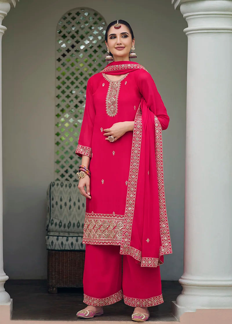 Rani Pink Georgette Palazzo Set with Embroidered Hem, styled on model