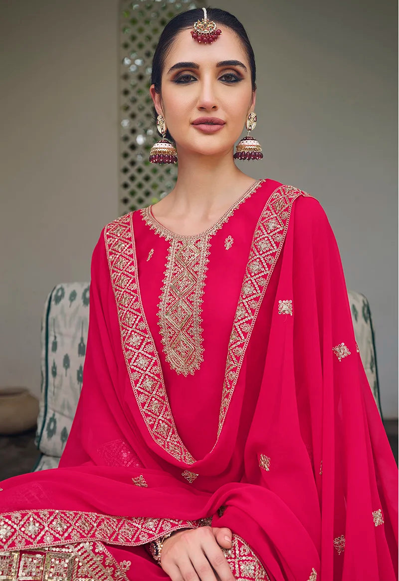 Rani Pink Georgette Palazzo Set with Embroidered Hem, neckline close-up