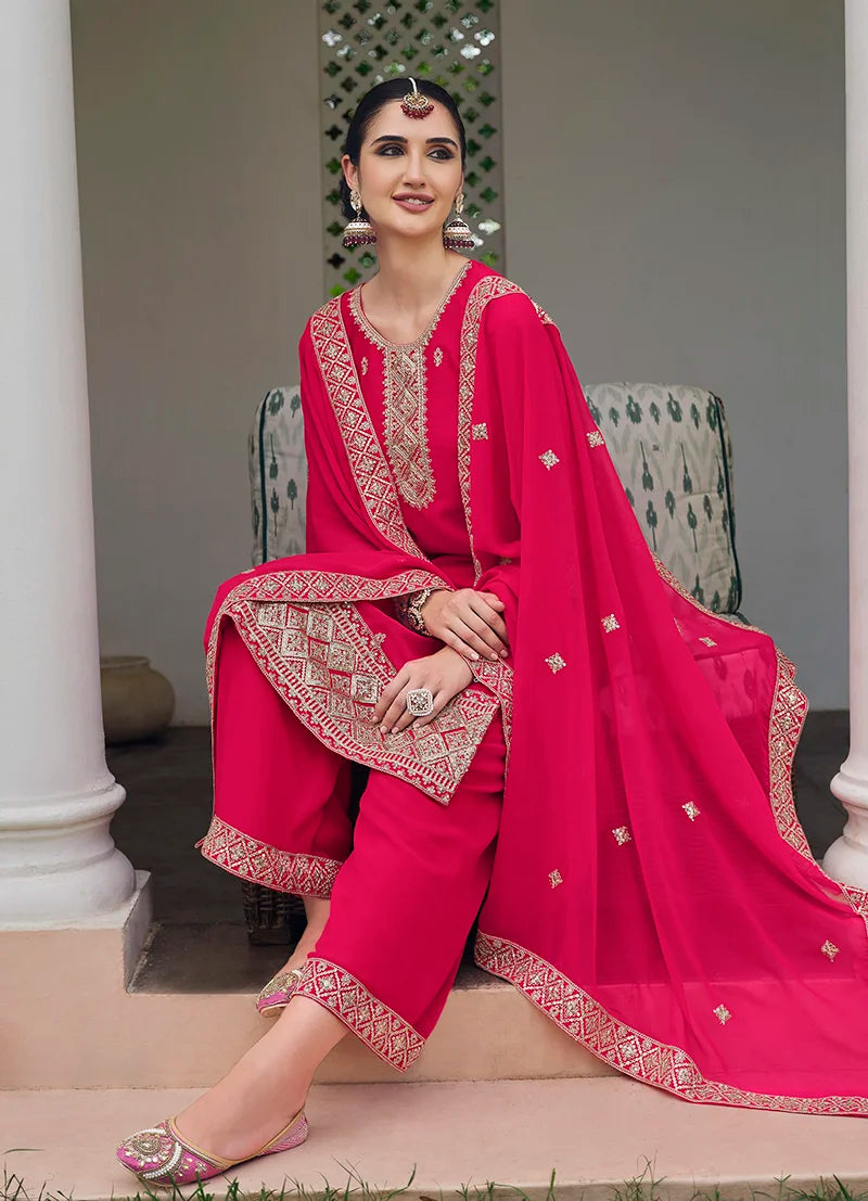 Rani Pink Georgette Palazzo Set with Embroidered Hem, seated view