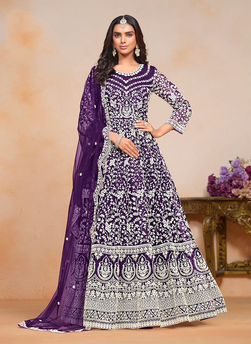 Purple Net Anarkali with All-Over Thread Embroidery, front