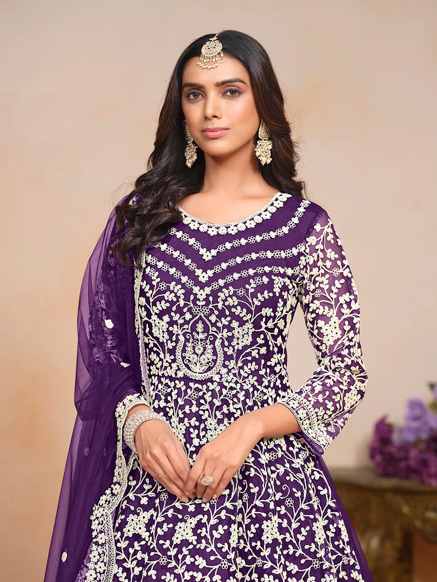 Purple Net Anarkali with All-Over Thread Embroidery, embroidery close-up