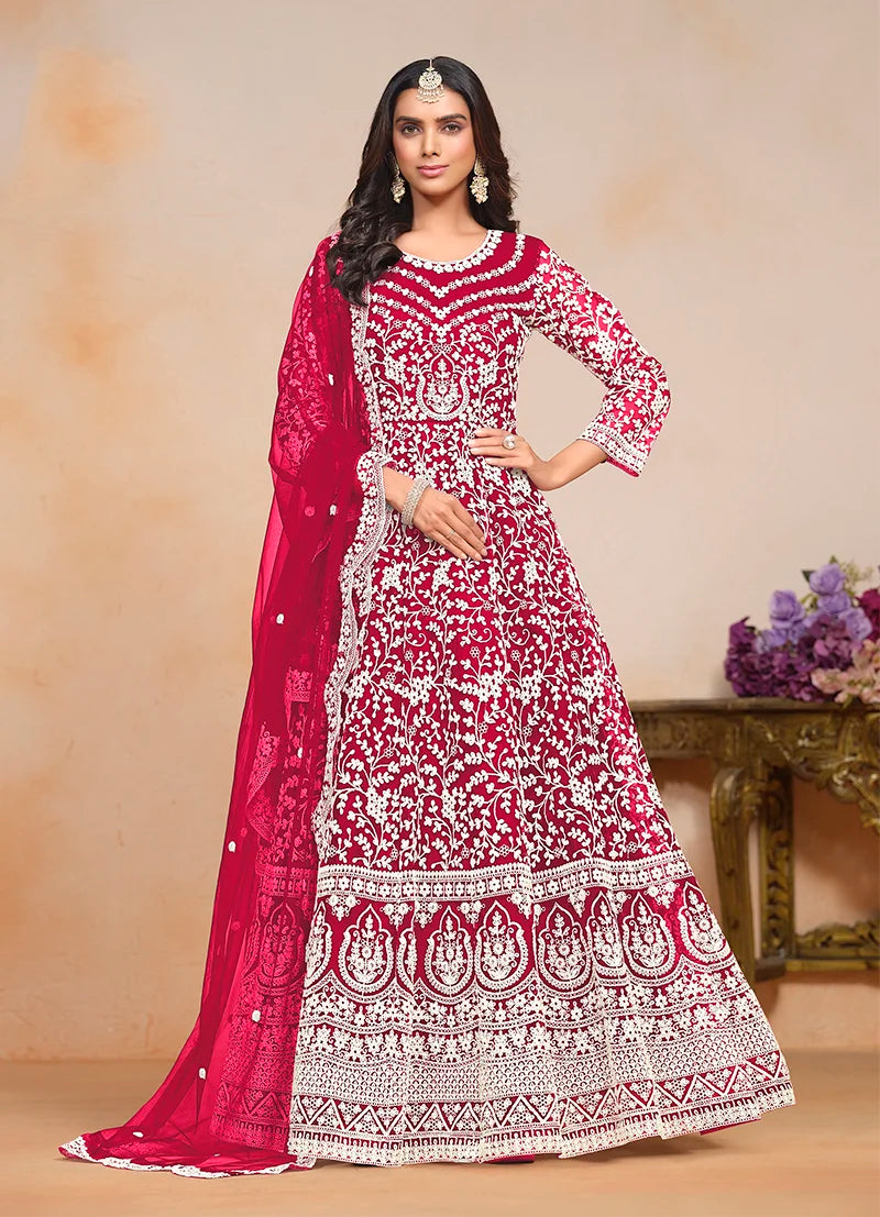 Rani Pink Net Anarkali with All-Over Thread Embroidery, front