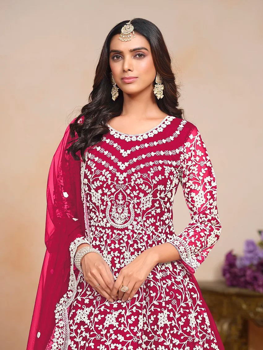 Rani Pink Net Anarkali with All-Over Thread Embroidery, embroidery close-up